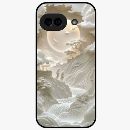 Celestial Origami Glass Case showing flat back view with artistic origami inspired celestial artwork and glossy glass finish.
