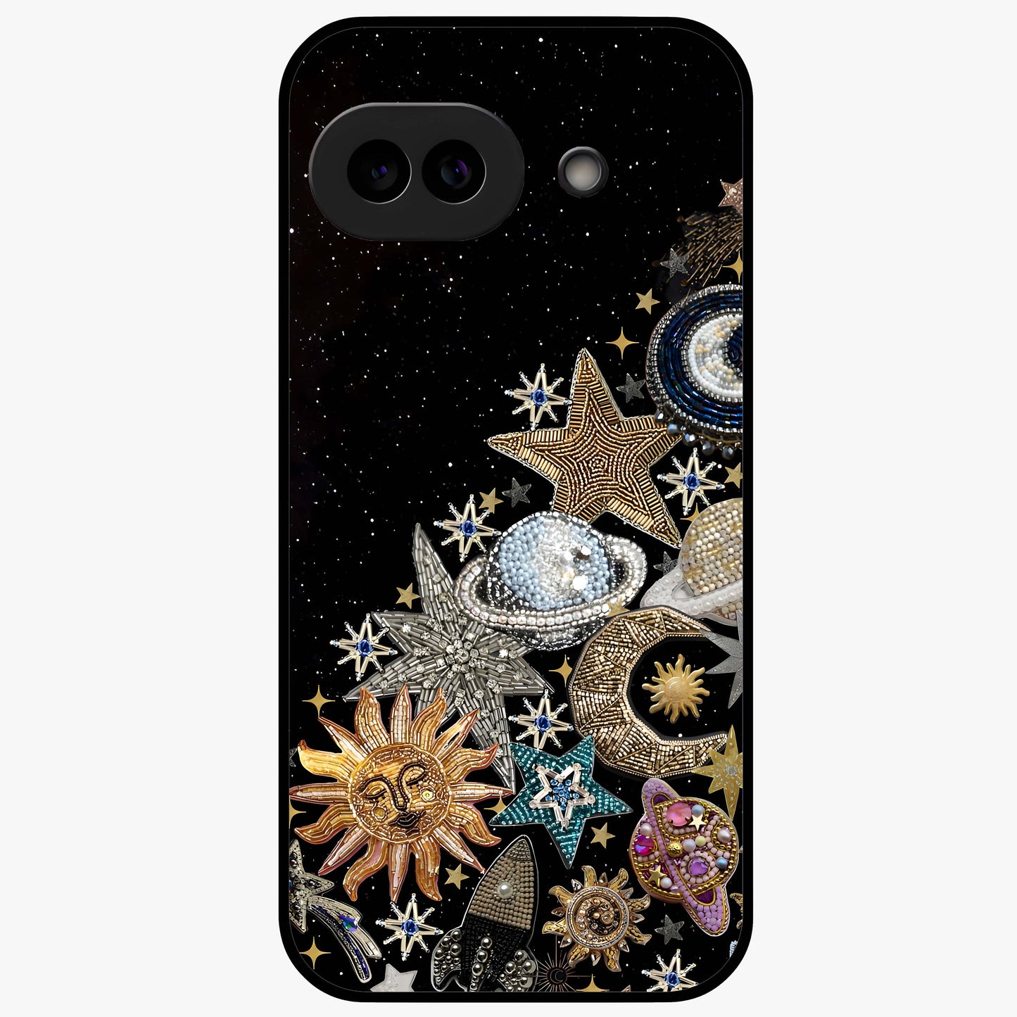 Cosmic Sparkle Dreams Glass Case showing flat back view with sparkling cosmic artwork and glossy glass finish.