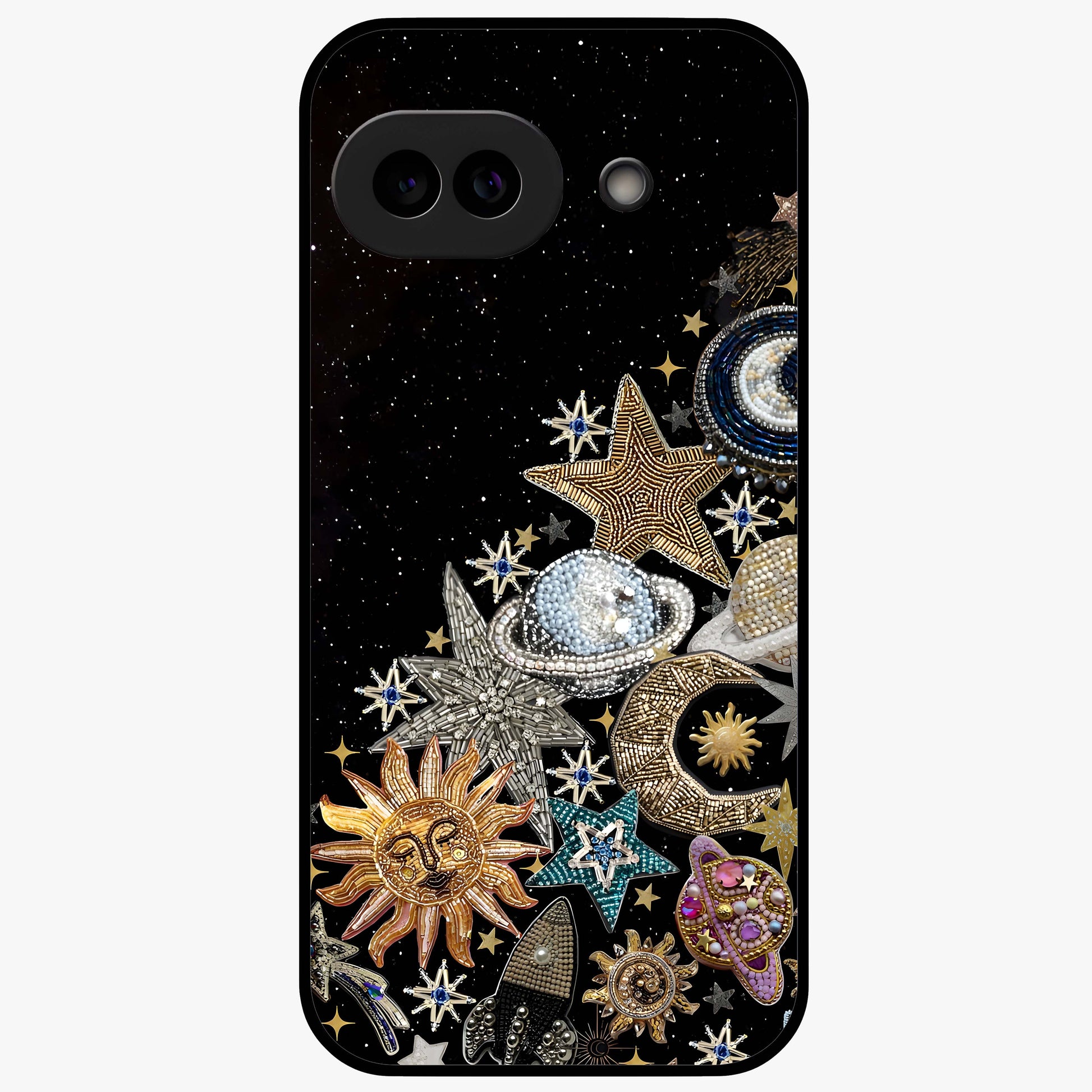 Cosmic Sparkle Dreams Glass Case showing flat back view with sparkling cosmic artwork and glossy glass finish.