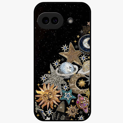 Cosmic Sparkle Dreams Glass Case showing flat back view with sparkling cosmic artwork and glossy glass finish.