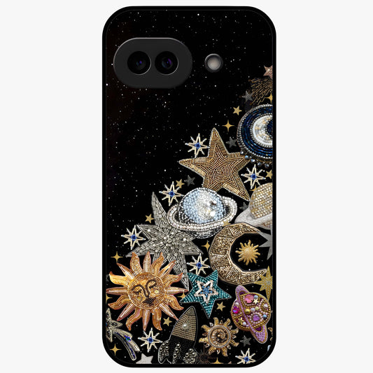Cosmic Sparkle Dreams Glass Case showing flat back view with sparkling cosmic artwork and glossy glass finish.