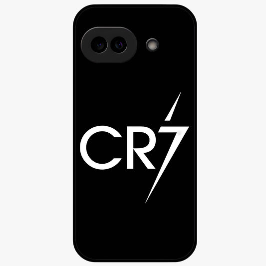 Cr7 Elite Strike Glass Case showing flat back view with dynamic football inspired artwork and glossy glass finish.