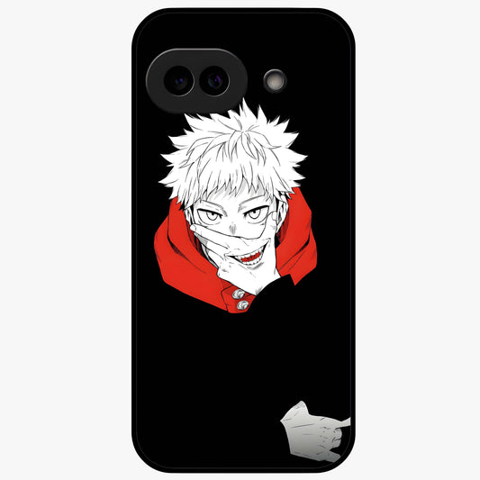 Crimson Chaos Smile Glass Case showing flat back view with bold chaotic smile artwork and glossy glass finish.