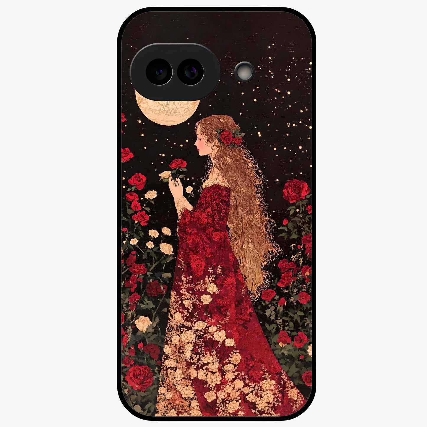 Crimson Dreams Glass Case showing flat back view with dreamy crimson artwork and glossy glass finish.