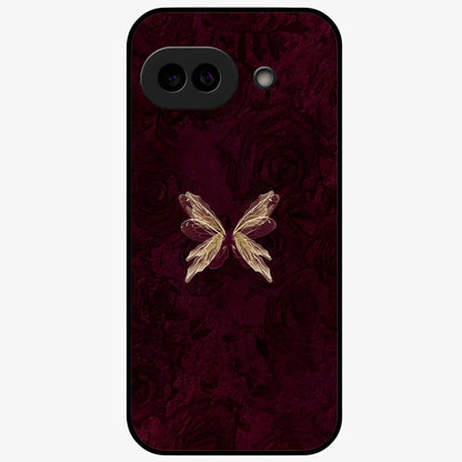 Crimson Fade Butterfly Glass Case showing flat back view with fading butterfly artwork and glossy glass finish.