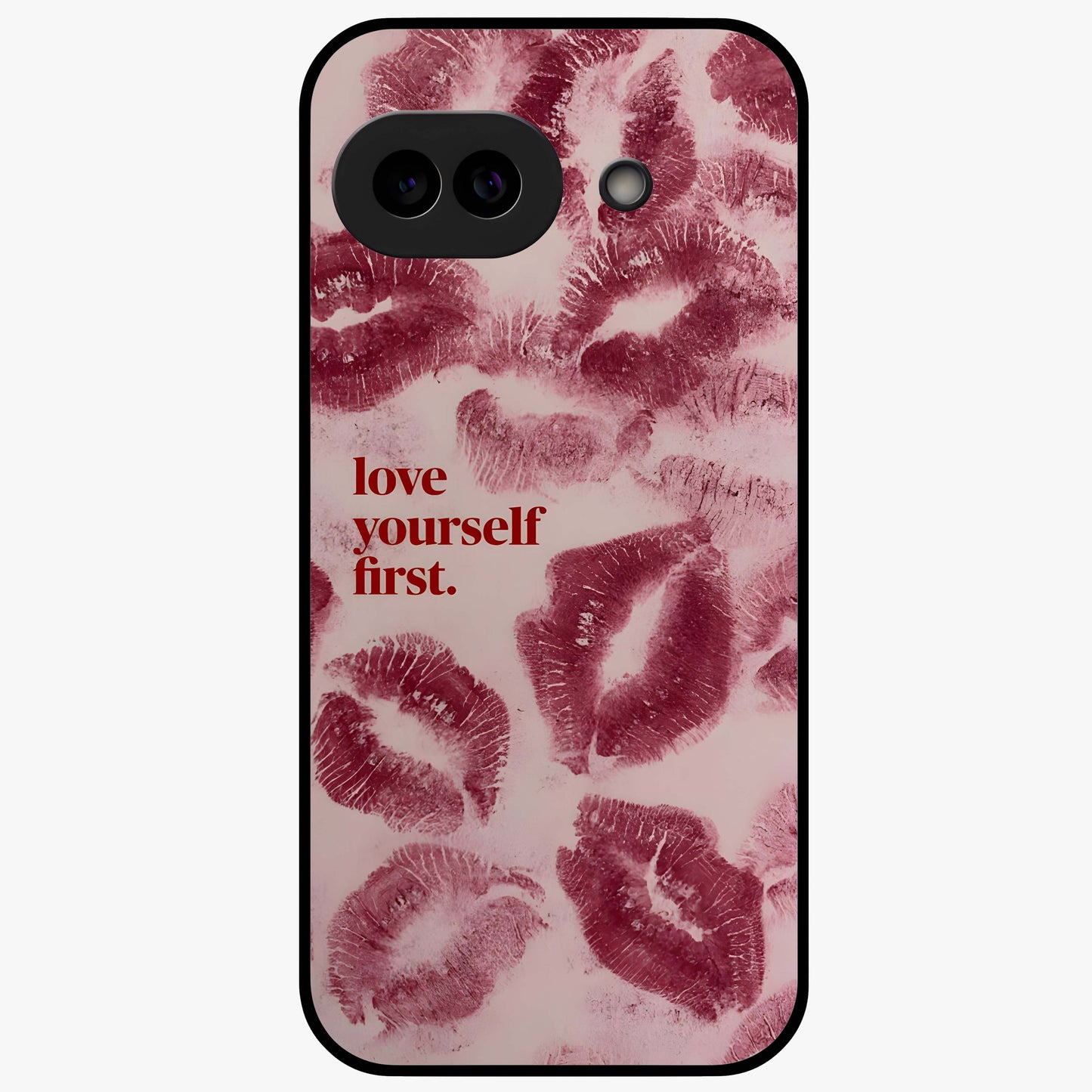 Crimson Kiss Love Glass Case showing flat back view with romantic crimson themed artwork and glossy glass finish.