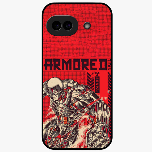 Crimson Mecha Titan Glass Case showing flat back view with powerful mech titan artwork and glossy glass finish.