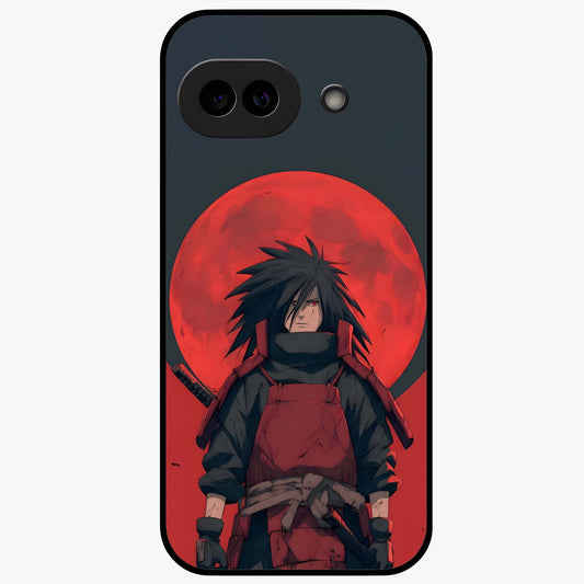 Crimson Moon Warlord Glass Case showing flat back view with mystical moon warrior artwork and glossy glass finish.