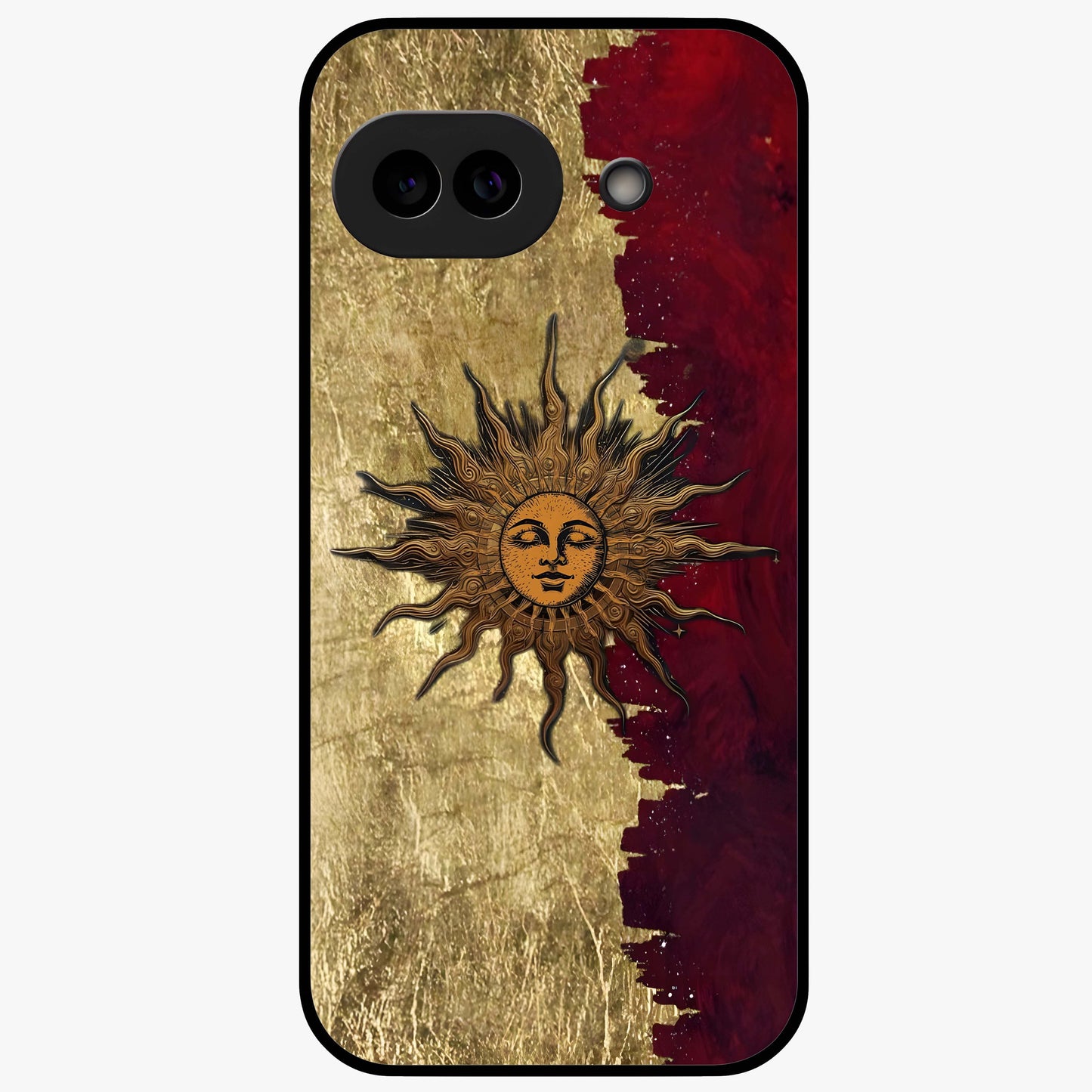 Crimson Sun Majesty Glass Case showing flat back view with radiant sun inspired artwork and glossy glass finish.