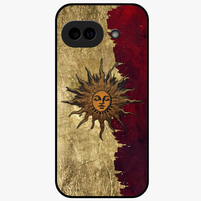 Crimson Sun Majesty Glass Case showing flat back view with radiant sun inspired artwork and glossy glass finish.