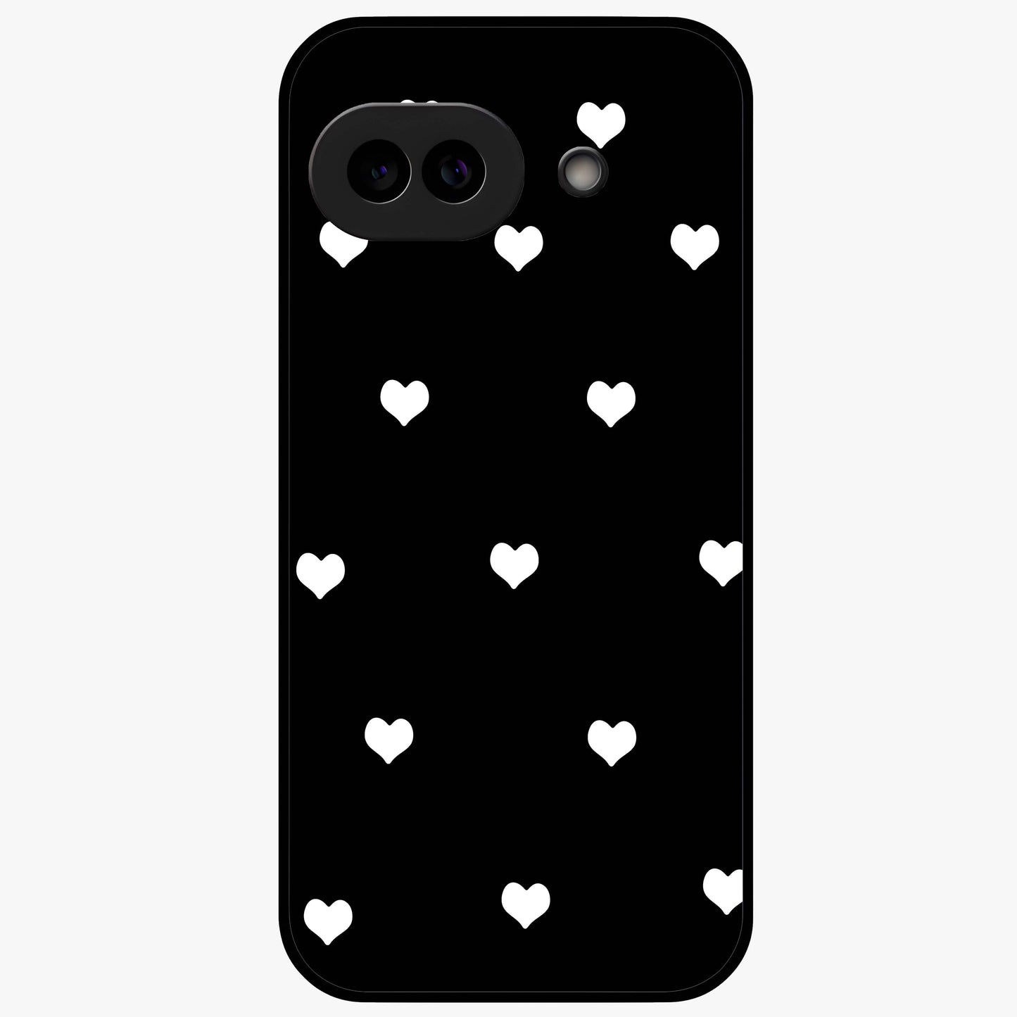 Cute And Simple White Hearts Glass Case showing flat back view with minimal white heart pattern and glossy glass finish.