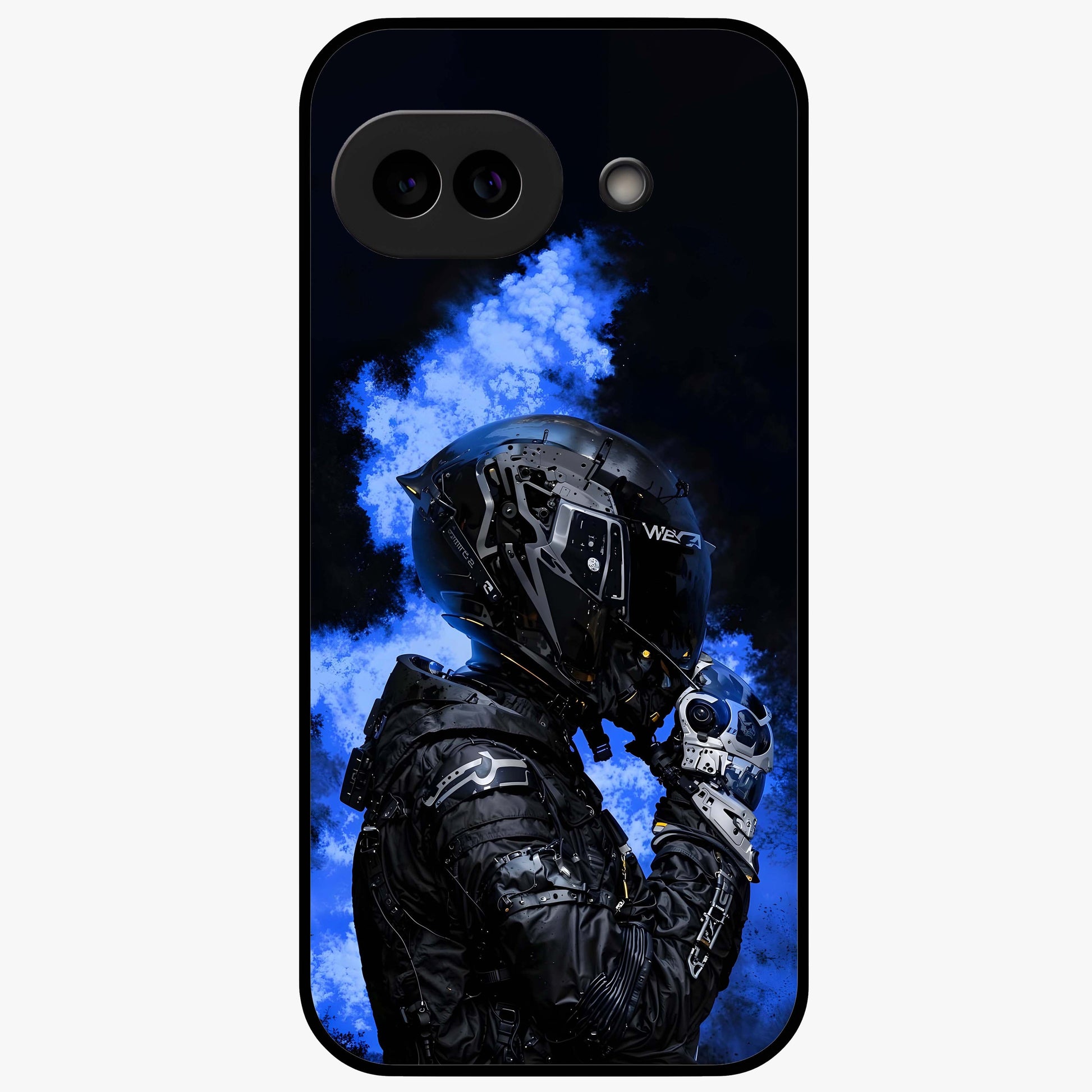 Cyber Sentinel Protocol Glass Case showing flat back view with futuristic cyber themed artwork and glossy glass finish.