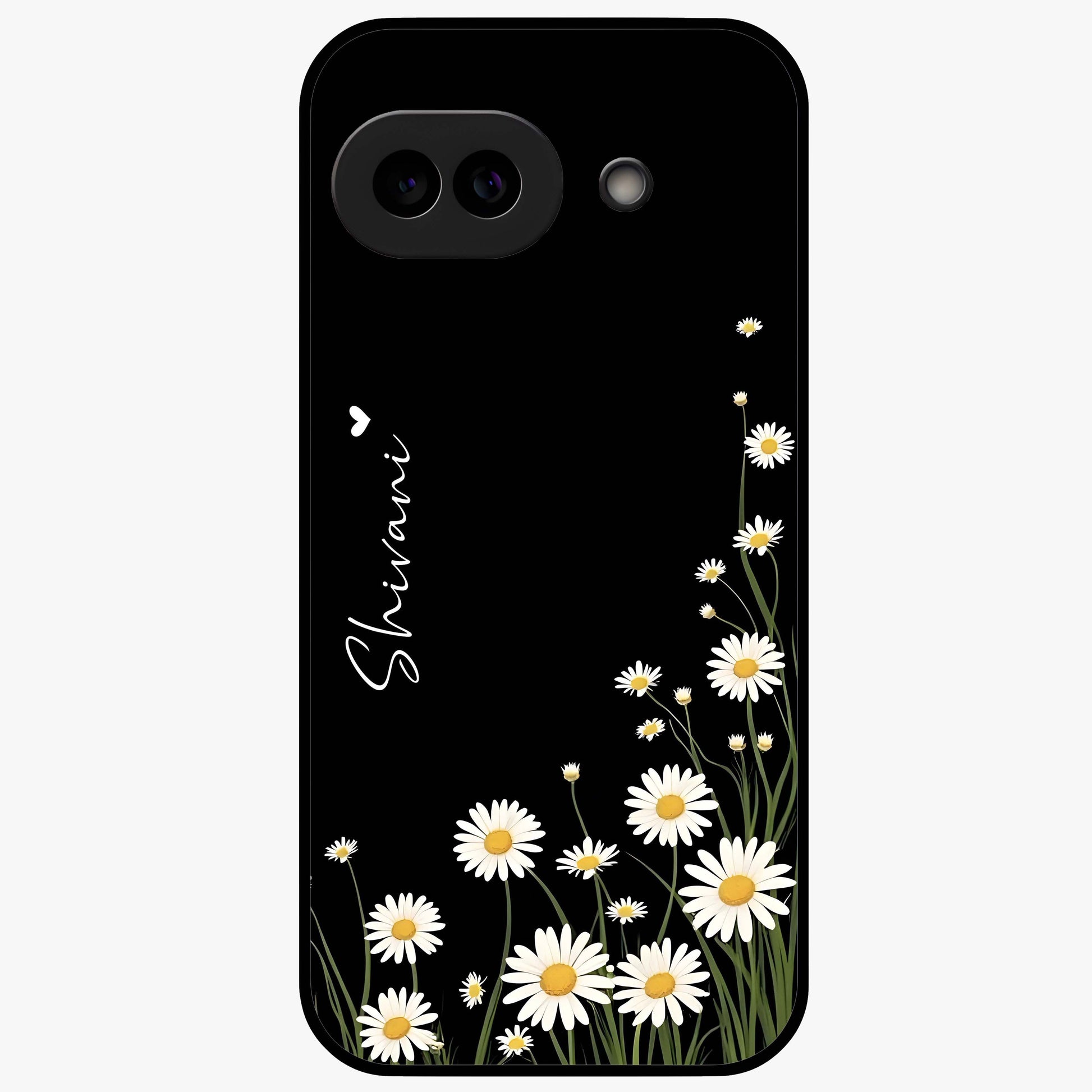 Daisy Cascade Custom Name Glass Case showing flat back view with cascading daisy flowers and personalized name design.