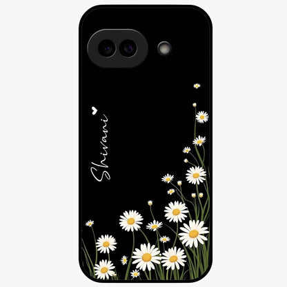 Daisy Cascade Custom Name Glass Case showing flat back view with cascading daisy flowers and personalized name design.