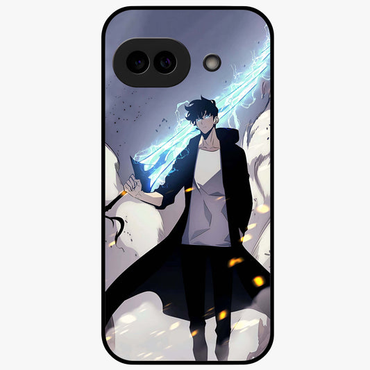 Dark Lightning Anime Warrior Glass Case showing flat back view with intense anime warrior artwork and glossy glass finish.