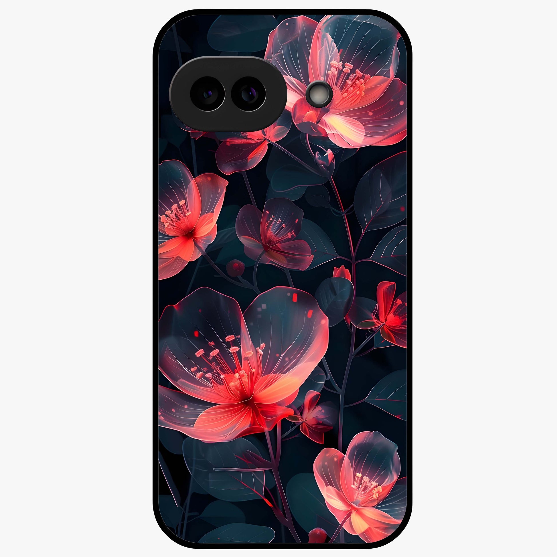 Dark Shade of Flower Glass Case showing flat back view with elegant dark floral artwork and glossy glass finish.