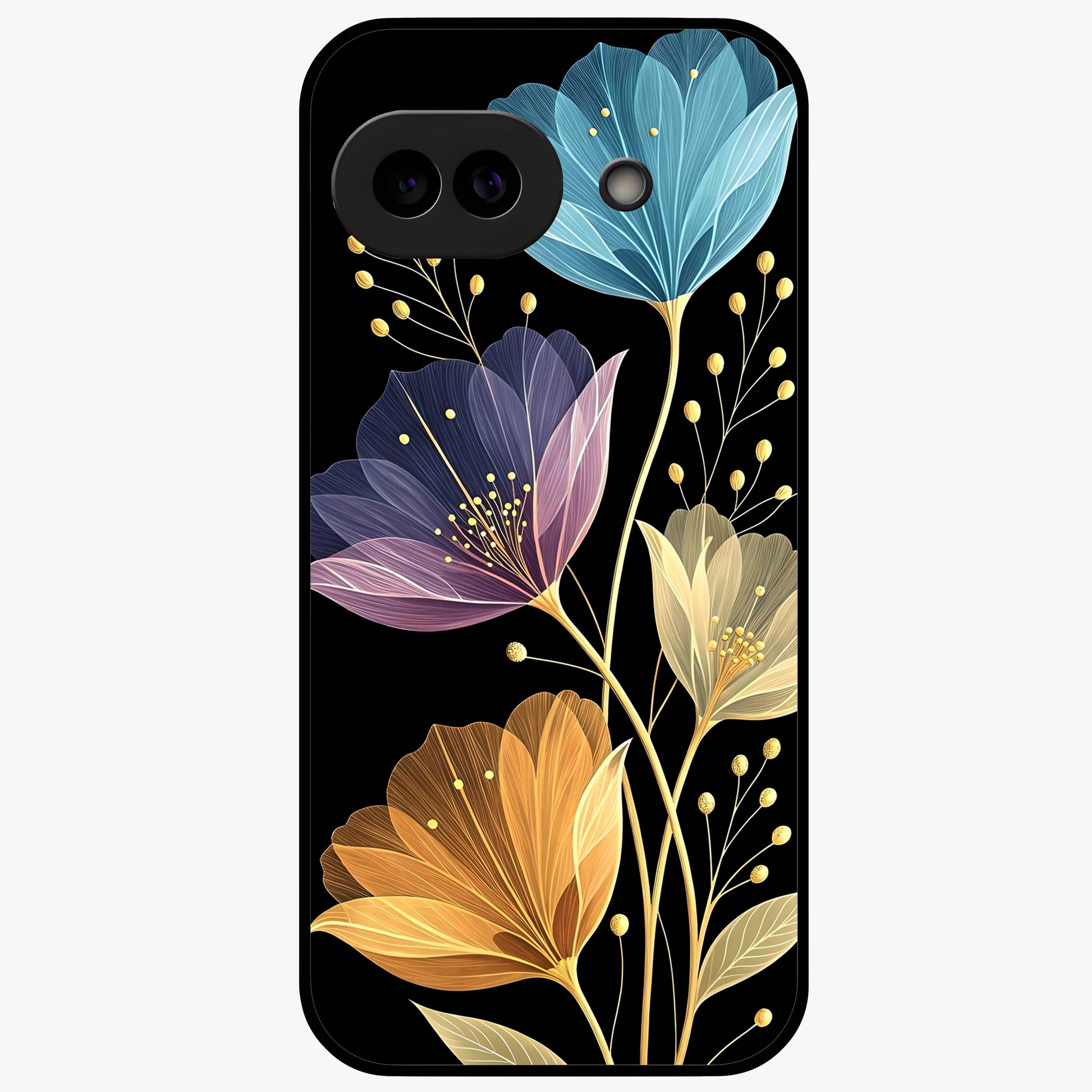 Delicate Multicolor Flowers Glass Case showing flat back view with vibrant floral artwork and glossy glass finish.