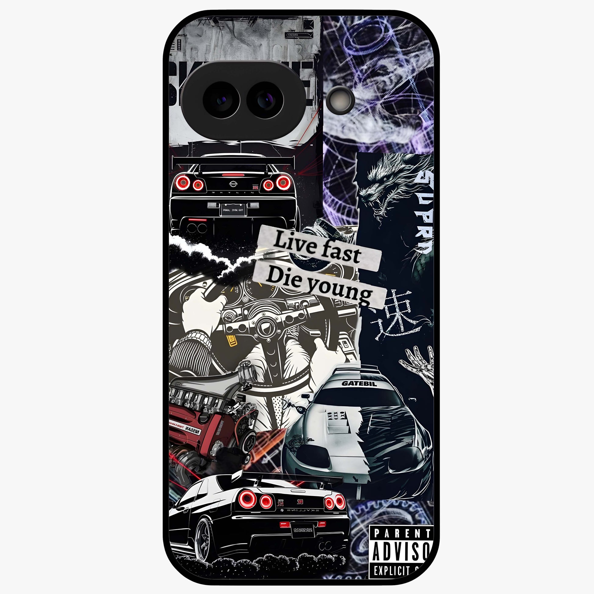 Die Young Glass Case showing flat back view with bold artistic typography design and glossy glass finish.