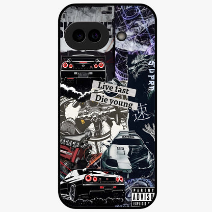 Die Young Glass Case showing flat back view with bold artistic typography design and glossy glass finish.