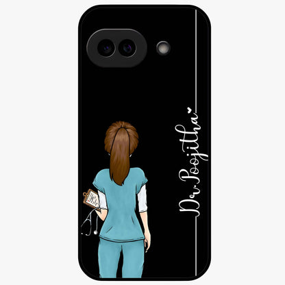 Doctor Pattern Custom Name Glass Case showing flat back view with medical themed pattern and personalized name design.