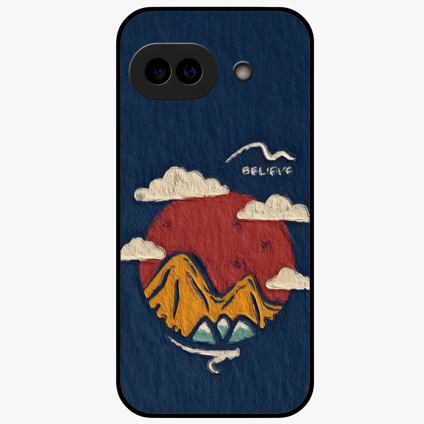 Dream Beyond Mountains Glass Case showing flat back view with scenic mountain landscape artwork and glossy glass finish.