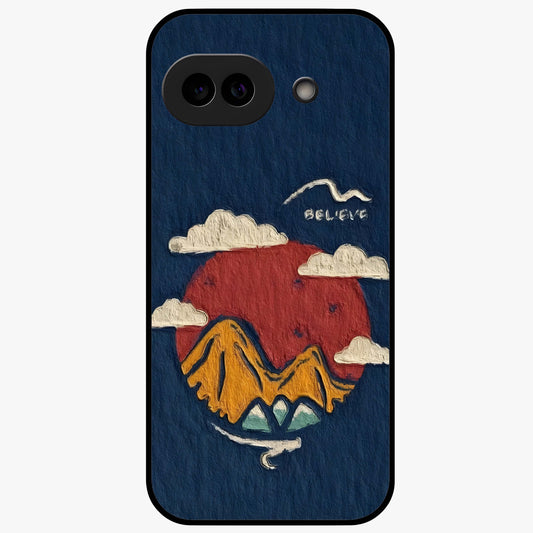 Dream Beyond Mountains Glass Case showing flat back view with scenic mountain landscape artwork and glossy glass finish.