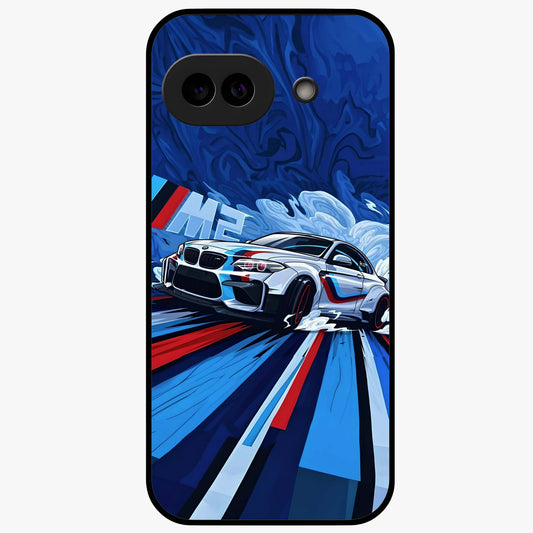 Drift Power Rush Glass Case showing flat back view with dynamic racing inspired artwork and glossy glass finish.