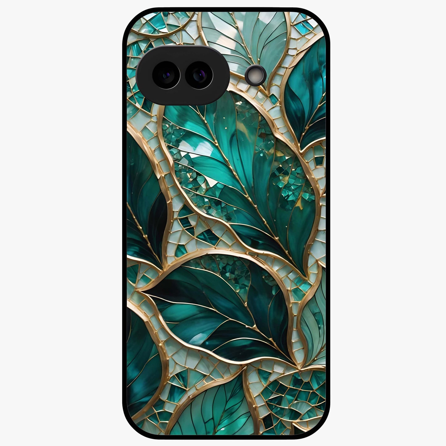 Emerald Leaf Glass Glass Case showing flat back view with emerald green leaf artwork and glossy glass finish.