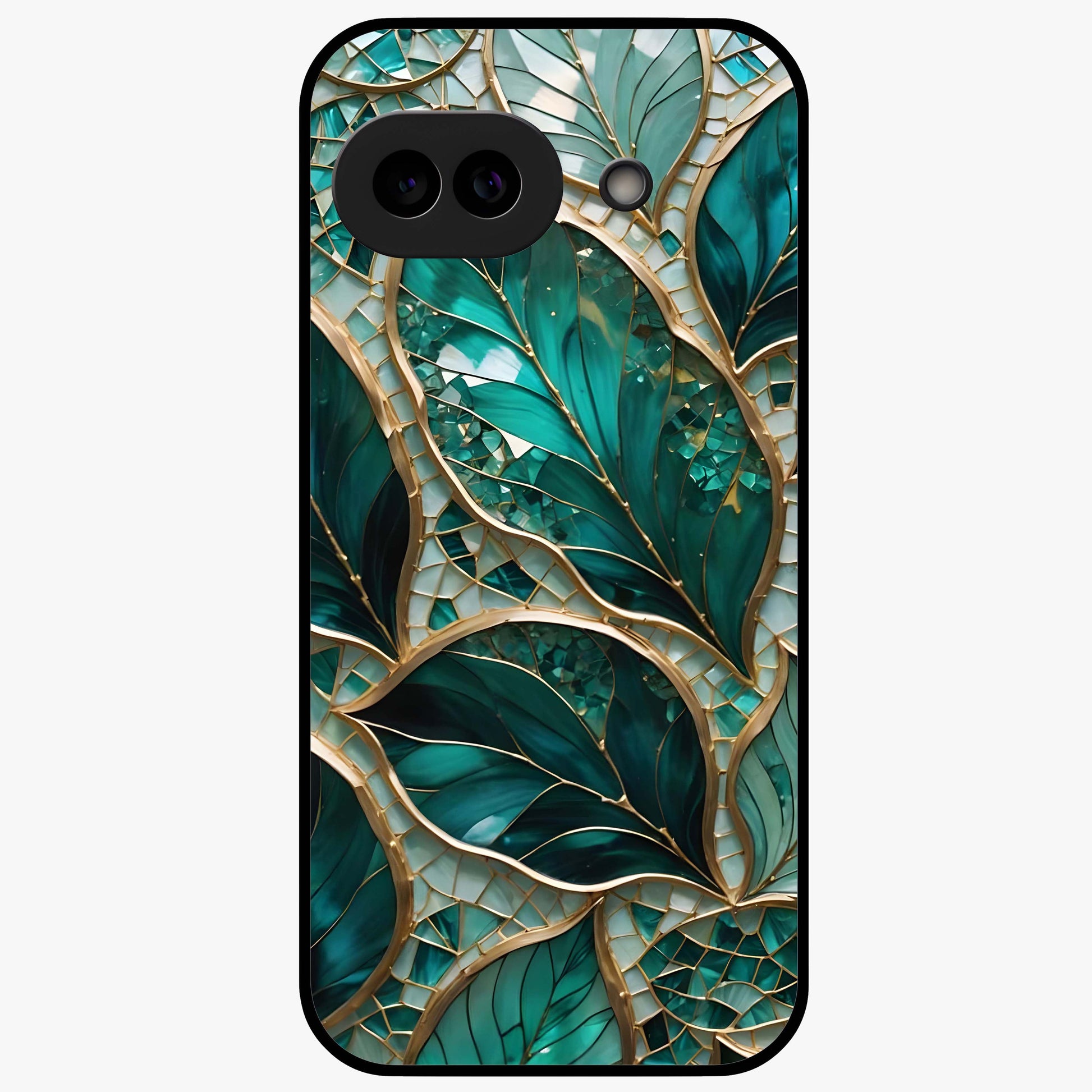 Emerald Leaf Glass Glass Case showing flat back view with emerald green leaf artwork and glossy glass finish.