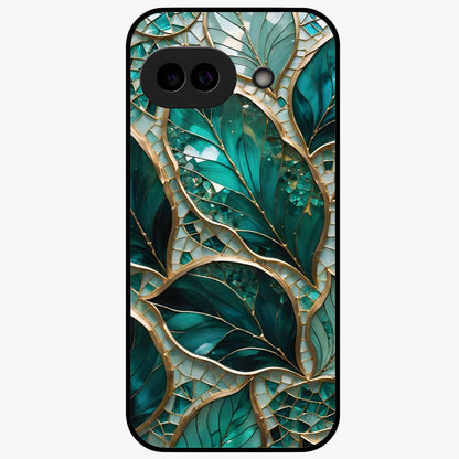 Emerald Leaf Glass Glass Case showing flat back view with emerald green leaf artwork and glossy glass finish.