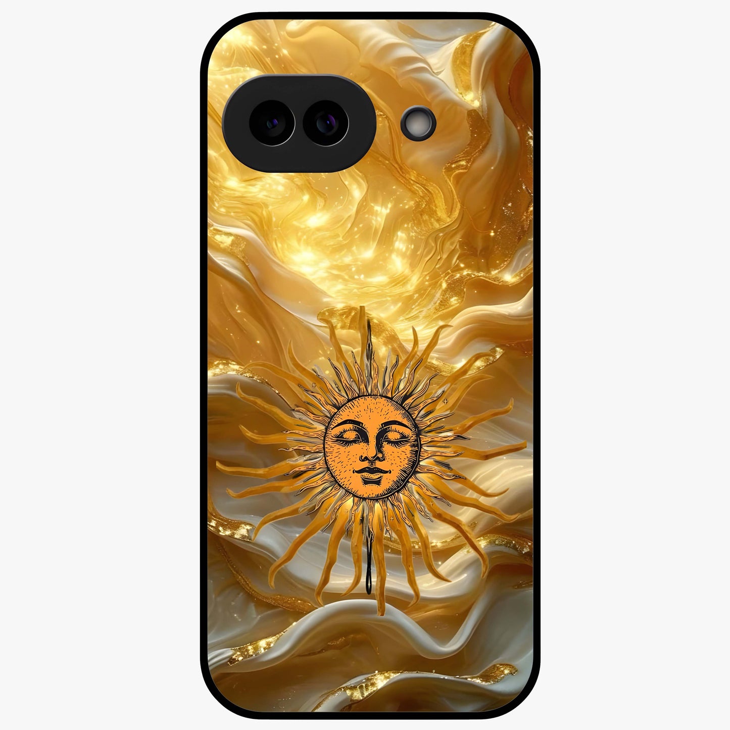 Eternal Golden Glow Glass Case showing flat back view with radiant golden themed artwork and glossy glass finish.