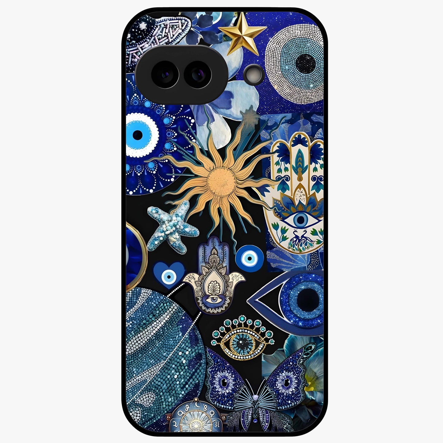 Evil Eye Charm Mix Glass Case showing flat back view with multiple evil eye charms artwork and glossy glass finish.