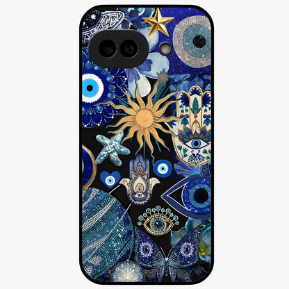 Evil Eye Charm Mix Glass Case showing flat back view with multiple evil eye charms artwork and glossy glass finish.