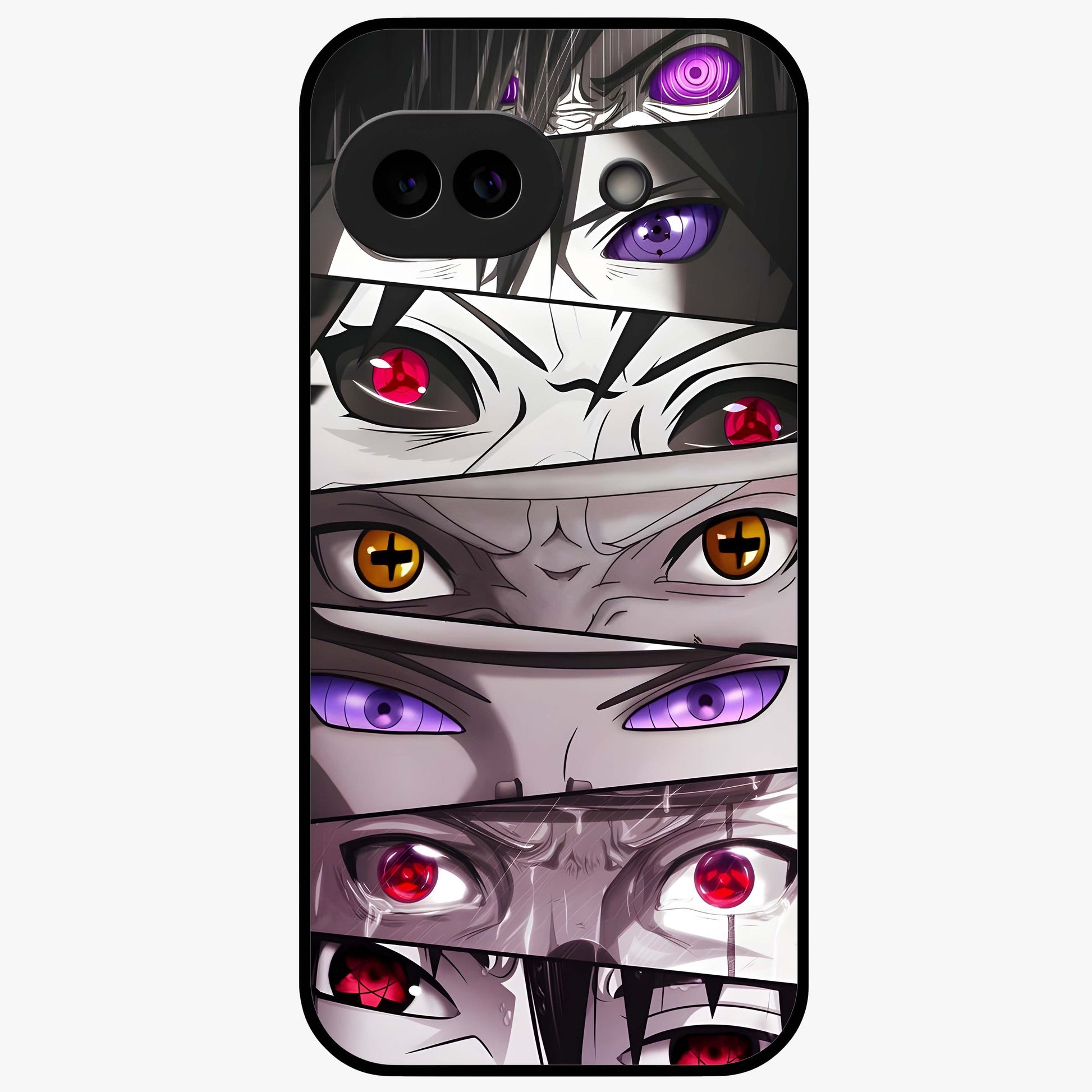 Eyes of Destiny Glass Case showing flat back view with striking eye themed artwork and glossy glass finish.