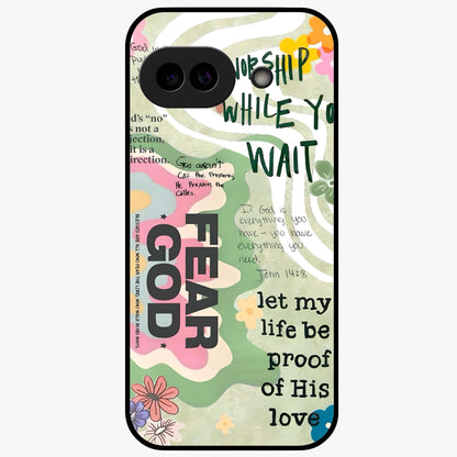 Faith Over Fear Glass Case showing flat back view with motivational typography artwork and glossy glass finish.