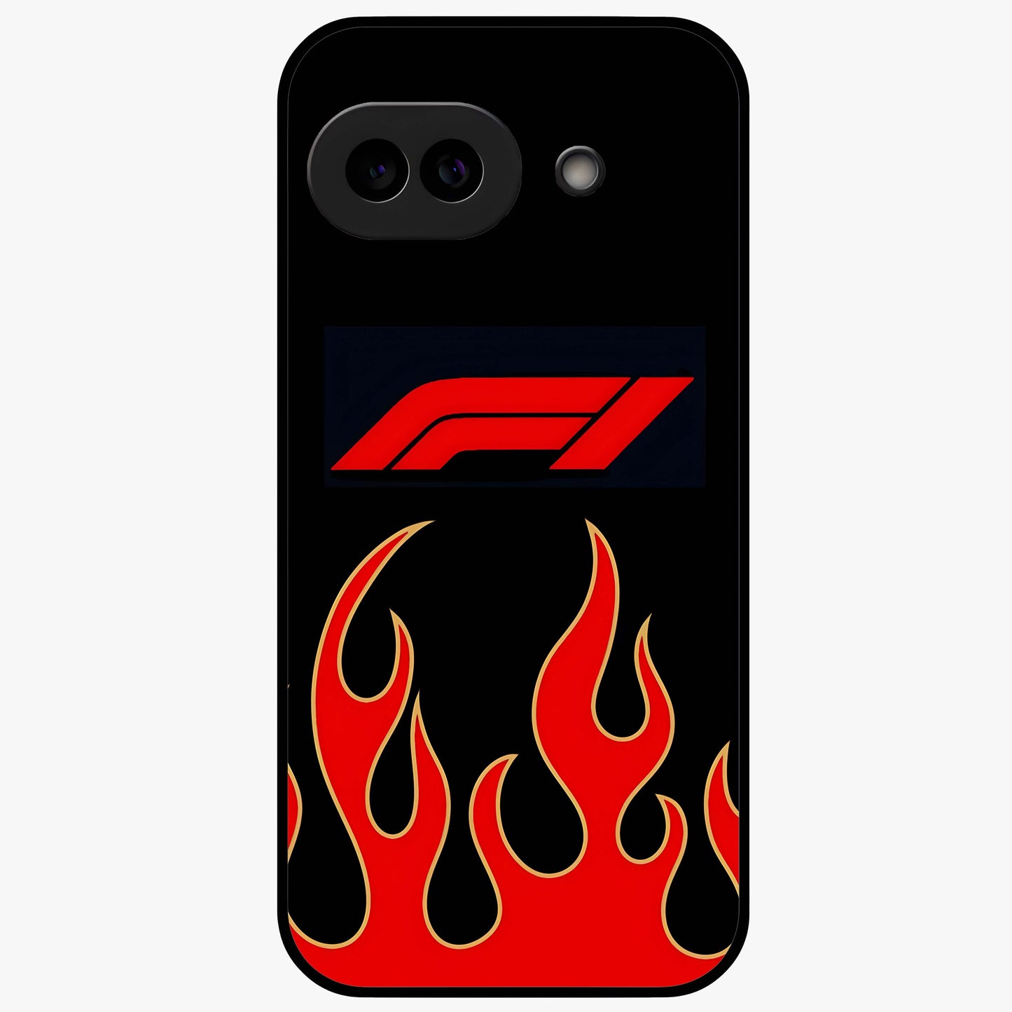 Fire F11 Glass Case showing flat back view with fiery themed artwork and glossy glass finish.