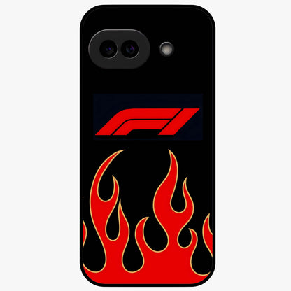 Fire F11 Glass Case showing flat back view with fiery themed artwork and glossy glass finish.