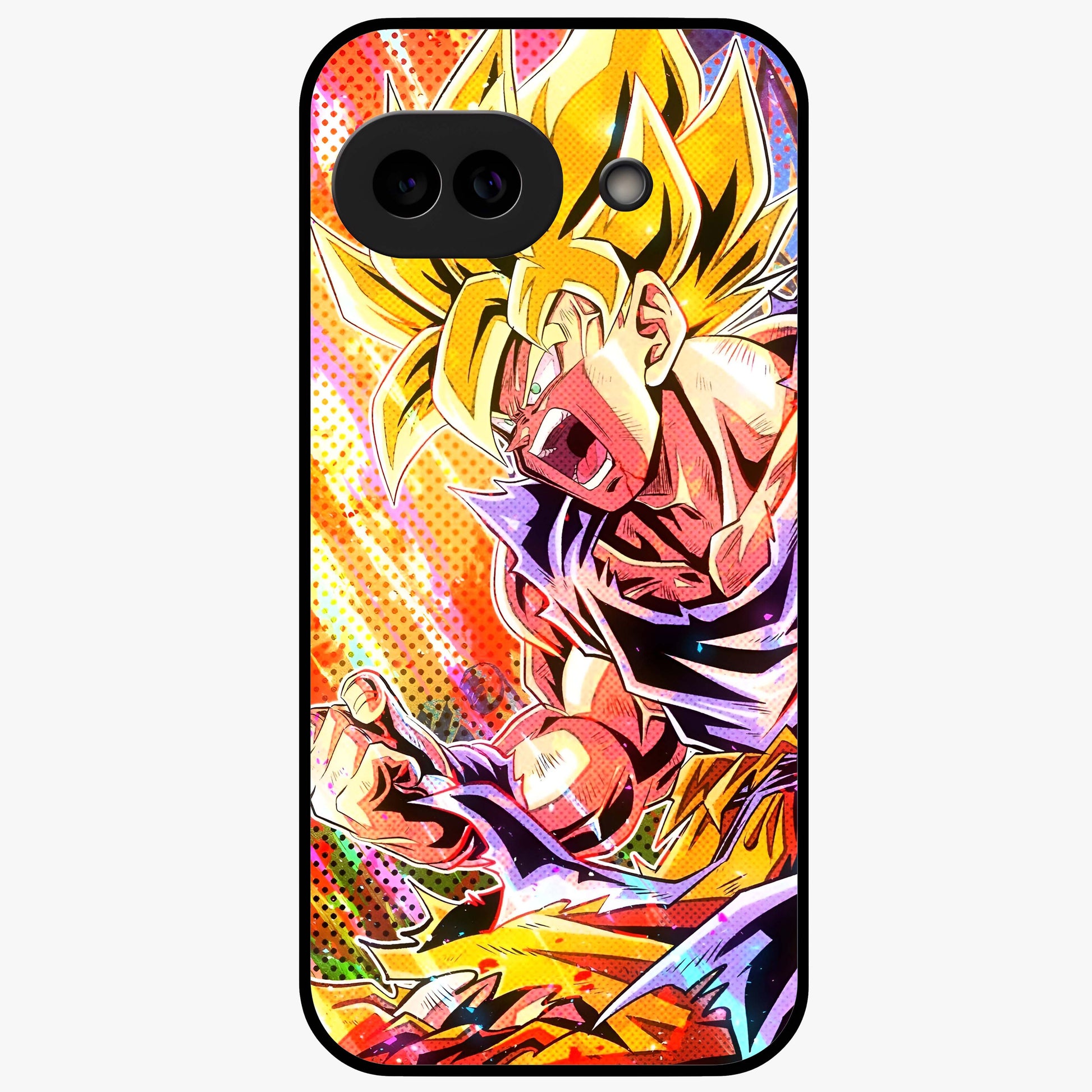 Firing Goku Glass Case showing flat back view with powerful anime inspired artwork and glossy glass finish.