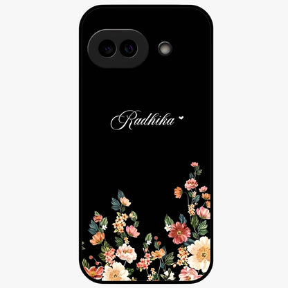 Floral Design With a Custom Personalized Name Glass Case showing flat back view with floral artwork and personalized name design.