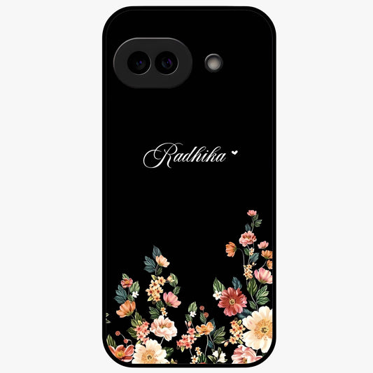 Floral Design With a Custom Personalized Name Glass Case showing flat back view with floral artwork and personalized name design.