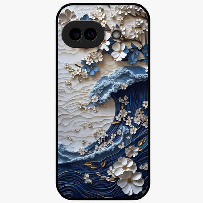 Floral Wave Origami Glass Case showing flat back view with origami inspired floral wave artwork and glossy glass finish.