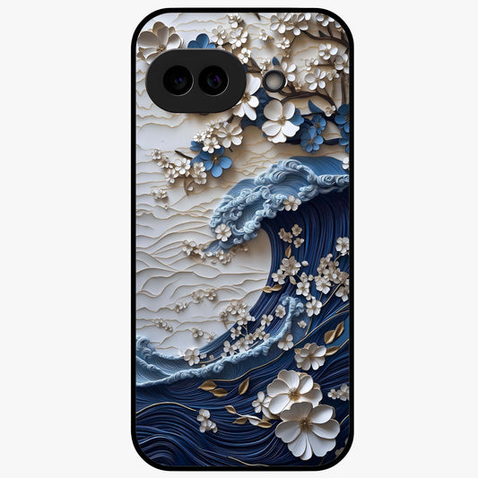 Floral Wave Origami Glass Case showing flat back view with origami inspired floral wave artwork and glossy glass finish.