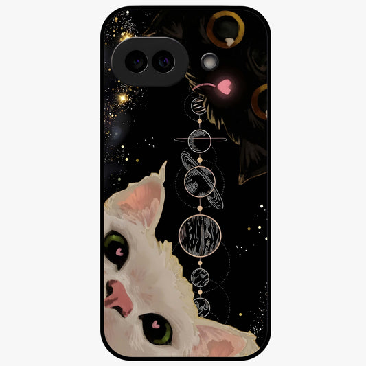 Galactic Cat Glass Case showing flat back view with cosmic cat artwork and glossy glass finish.