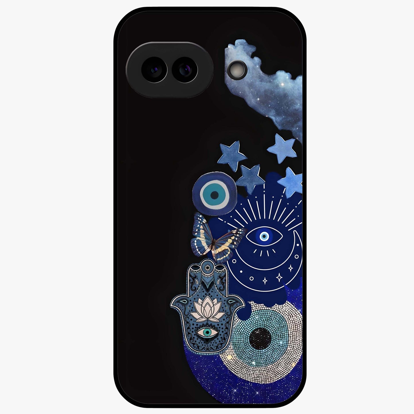 Galactic Charm Cluster Glass Case showing flat back view with glowing celestial charm artwork and glossy glass finish.