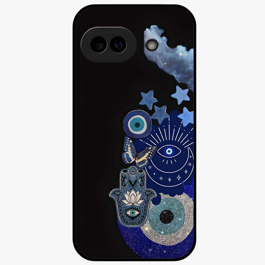 Galactic Charm Cluster Glass Case showing flat back view with glowing celestial charm artwork and glossy glass finish.