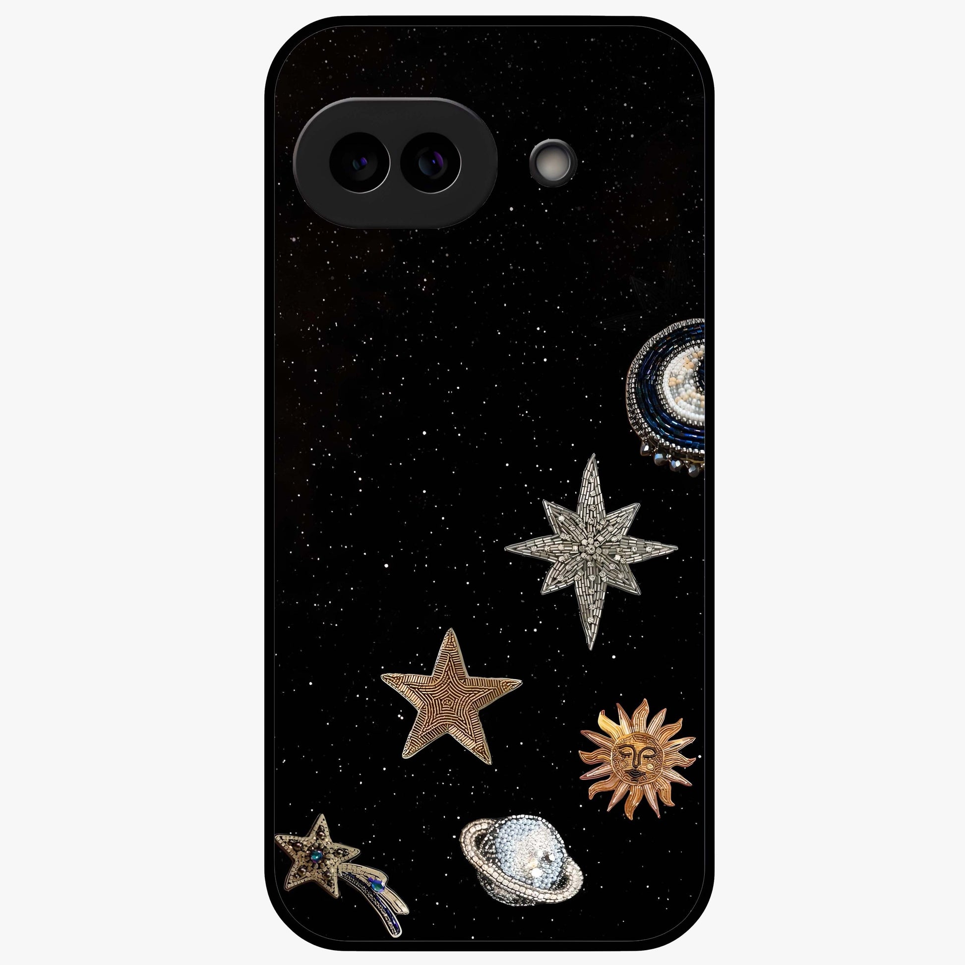 Galactic Charm Glow Glass Case showing flat back view with glowing celestial charm artwork and glossy glass finish.