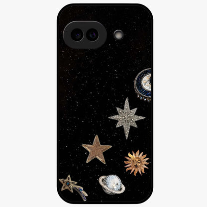 Galactic Charm Glow Glass Case showing flat back view with glowing celestial charm artwork and glossy glass finish.