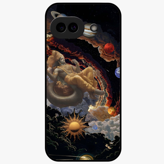 Galactic Divine God Glass Case showing flat back view with divine cosmic themed artwork and glossy glass finish.