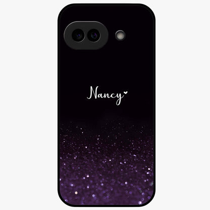 Glittery Purple Bokeh Custom Name Glass Case showing flat back view with purple bokeh sparkle artwork and personalized name design.