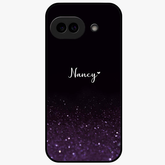 Glittery Purple Bokeh Custom Name Glass Case showing flat back view with purple bokeh sparkle artwork and personalized name design.